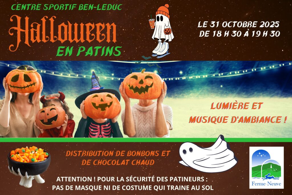 Affiche pour l'Halloween en patins présentant une famille déguisée sur la glace et se cachant derrière des citrouilles d'Halloween.