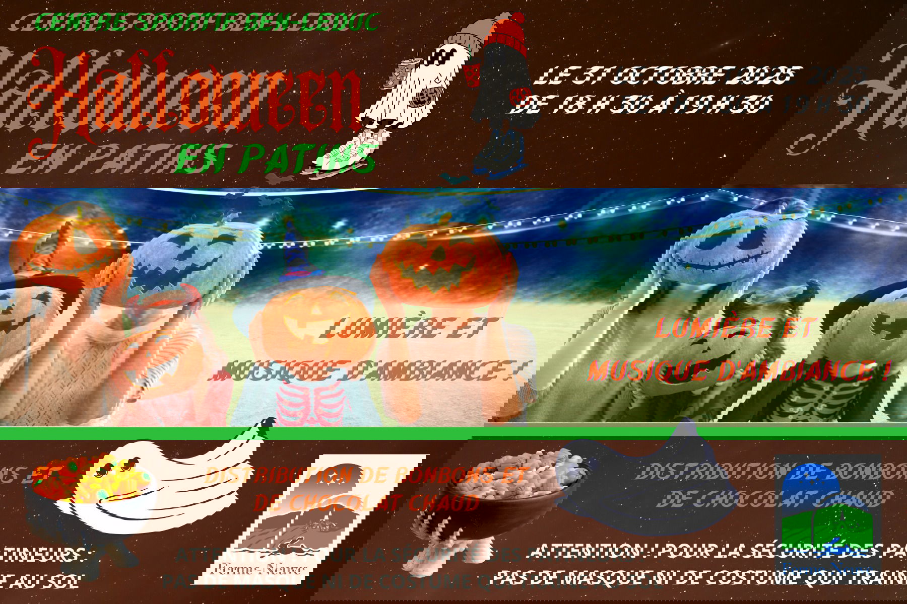 Affiche pour l'Halloween en patins présentant une famille déguisée sur la glace et se cachant derrière des citrouilles d'Halloween.