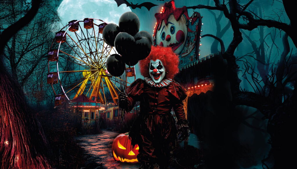 Clown d'Halloween tenant des ballons devant des manèges de fête foraine